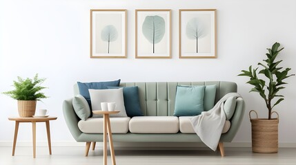 modern living room with couches and table with flowers and a wooden tabletop, in the style of light emerald and light azure, large canvas format, subtle, earthy tones, leaf patterns, minimalist images