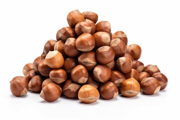 Obraz premium Heap of tasty hazelnuts organic food on white background. Studio whole color pile. Generate Ai