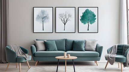 modern living room with couches and table with flowers and a wooden tabletop, in the style of light emerald and light azure, large canvas format, subtle, earthy tones, leaf patterns, minimalist images