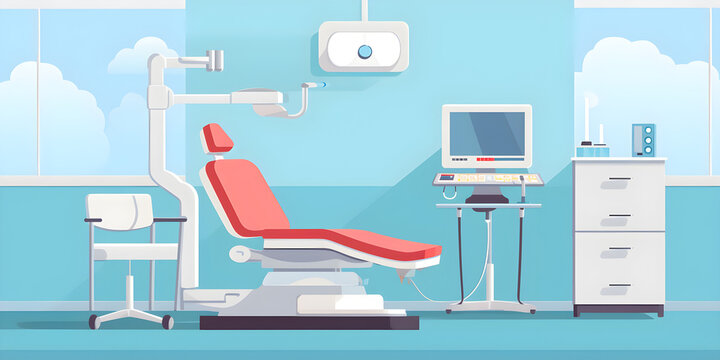 illustration of dental chair and medical diagnosis machine equipment at hospital health care dentistry as wide banner with copy space area, cute and simple cartoon