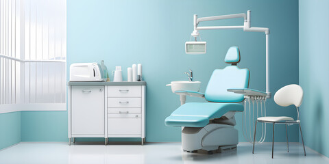 dental chair and medical diagnosis machine equipment at hospital health care dentistry as wide banner with copy space area, 3D render