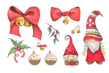 Set of Christmas decorations. Watercolor illustration.