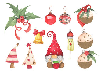 Set of Christmas decorations. Watercolor illustration.