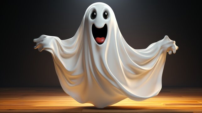 A cartoon character design of a friendly ghost with a white sheet over its head. AI Generative
