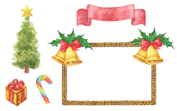 Set of Christmas decorations. Watercolor illustration.