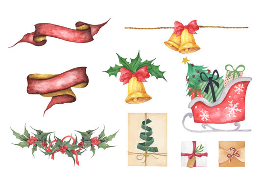 Set of Christmas decorations. Watercolor illustration.