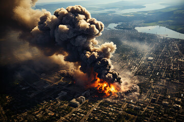 a large fire in the middle of a city, with smoke billowing out from it's chimneys