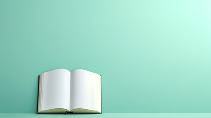 Open blank book on a light green background.