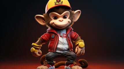 a cartoon character design of a mischievous monkey wearing a red baseball cap, baggy pants, and sneakers. AI Generative - Powered by Adobe