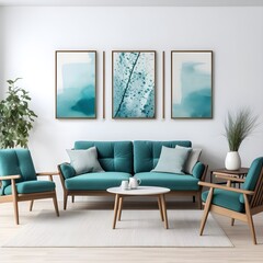 modern minimalist living room and dining room with living room chair and contemporary paintings over the sofa with teal furniture, in the style of realistic watercolors, lively nature scenes