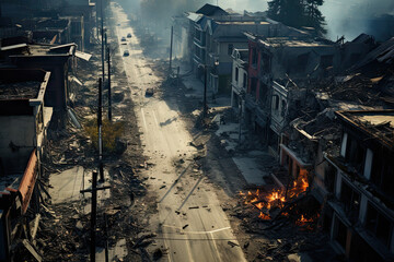 a street in the middle of a city that has been destroyed and burned by fire, with buildings on both sides