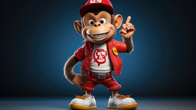 a cartoon character design of a mischievous monkey wearing a red baseball cap, baggy pants, and sneakers. AI Generative
