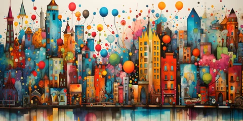 Fotobehang colourful painting of the city skyline with balloons cartoon landscape background illustration © sam