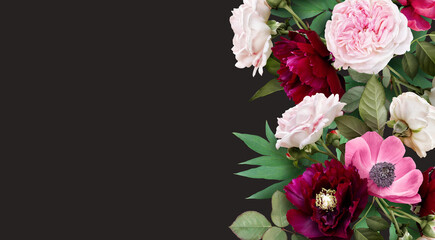 Floral banner, header with copy space. Roses and peony isolated on dark  background. Natural flowers wallpaper or greeting card.