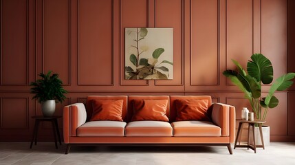a red sofa in a large living room, in the style of terracotta, monochromatic depth, moody colors, narrative paneling, minimalist staging, luxurious, orange and bronze