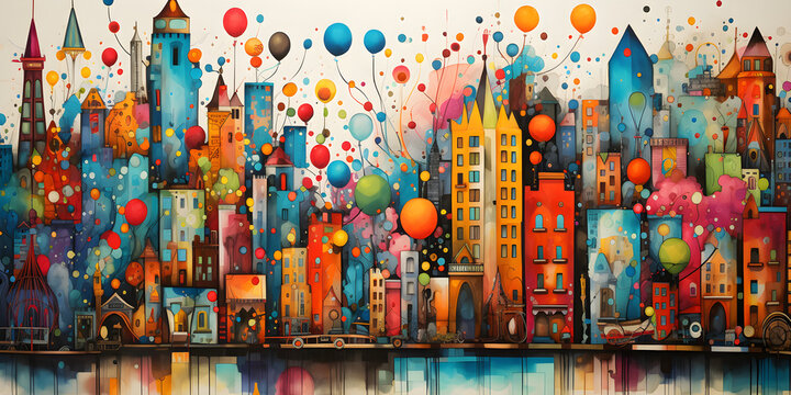 colourful painting of the city skyline with balloons cartoon landscape background illustration