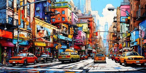 Fototapeta premium colourful painting of the busy city streets cartoon landscape background illustration