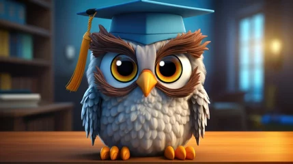 Gordijnen A cartoon character design of a smart owl with big round eyes, a book in its claws, and a graduation hat on its head. AI Generative © Horsi