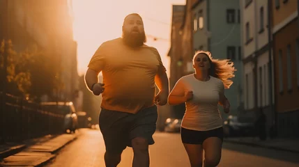 Fotobehang Couple of fat man and woman are running marathon down street against backdrop of setting sun. Concept weight loss, sports training © Adin