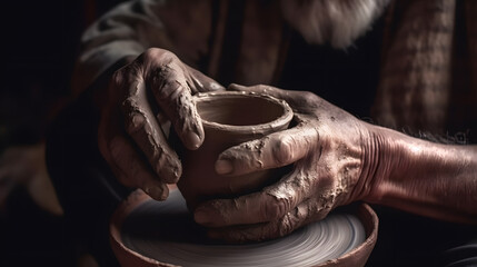 Closeup hand of senior man craftsman working on pottery wheel while sculpting from clay pot background workshop. Generation AI