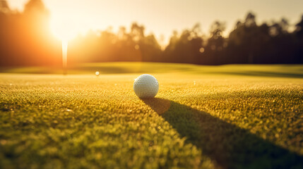 Closeup golf ball on green field, sunset time. Generation AI. - Powered by Adobe