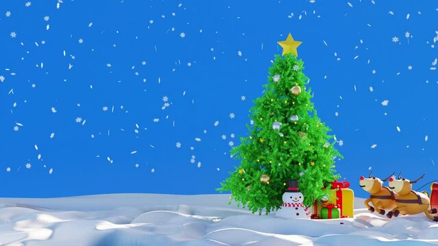 Santa clause with sleigh near snowman and Christmas tree and gifts box, Happy New year and Merry Christmas holiday greeting card Xmas, 3D 4K animation rendering.