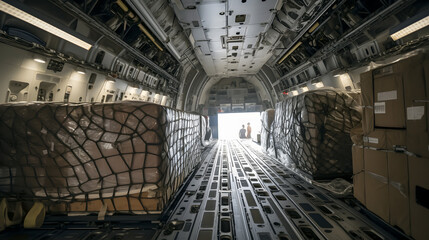 Concept Humanitarian assistance in war. Cargo plane with boxes of food and medicine