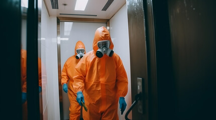 Team people in hazmats making cleaning in lift apartment. Concept biosecurity disinfection