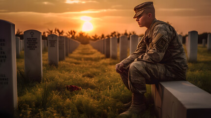 Military man kneeling of grave fallen soldier, sunset. Concept veteran of war. Generation AI. - obrazy, fototapety, plakaty
