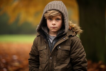 Portrait of a boy in a warm jacket and hat in the autumn park