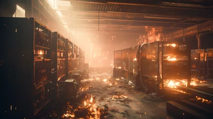 Poster Burning server room or mining farm. Data center supercomputer technology in fire © Adin