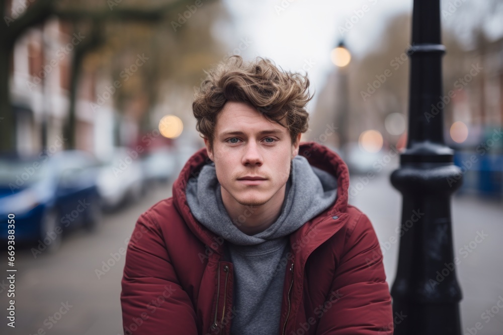 Sticker Young handsome man with blond curly hair in a red down jacket posing in an urban context