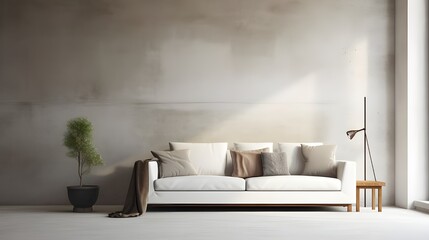 a couch in an empty room with sunlight, in the style of anti-clutter, minimalist designs, neo-concrete, white and beige, romantic emotivity, earthy color palette, monochromatic color scheme