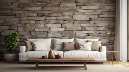 brown sofa and wooden coffee table with stones on wall against wall concept, in the style of wallpaper, 8k resolution, masonry construction, dark white and beige, rustic texture, tranquil serenity