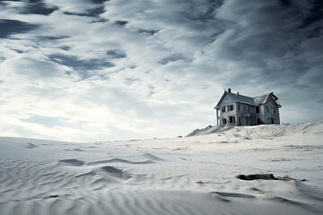 Old abandoned house in a white desert