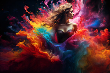 Fototapeta na wymiar Creative colorful image with a girl in the middle of colorful waves of powder or paint
