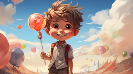 a cartoon character of a little boy with messy blonde hair holding a colorful balloons. AI Generative