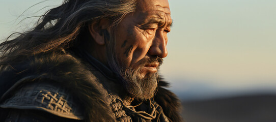An old Mongol warrior in the mongolian steppe