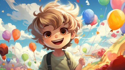 Obraz na płótnie Canvas a cartoon character of a little boy with messy blonde hair holding a colorful balloons. AI Generative