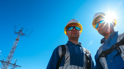 Fototapeta premium two engineer standing with high voltage pole with blue sky.Generative ai