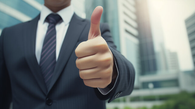 Businessman in suit showing thumbs up with office building background.Generative ai