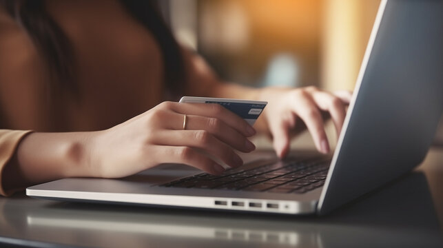 women use laptop and holding credit card for shopping online.Genertive ai