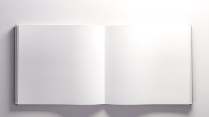 Open white book on a white background, top view.