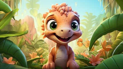 Naklejka premium a cartoon character of a baby dinosaur with a playful expression. AI Generative