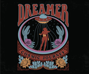 cosmic cowgirl desert dream vector illustration, ufo in desert sky, cosmic night journey artwork for t shirt, sticker, graphic print, cactus flower vector, desert night, © foysal