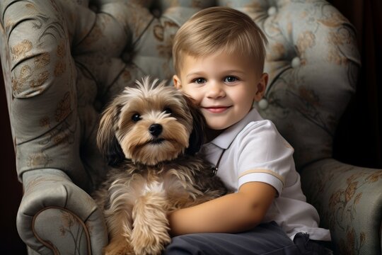 Little child with cute fluffy puppy in armchair. Cute studio photo shot. Generate ai
