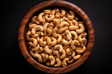 top view of a wooden bowl full of cashew nuts on black background - obrazy, fototapety, plakaty