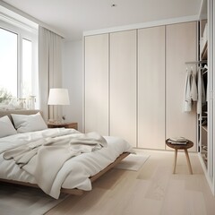 a bedroom with white, wooden furniture and a white wardrobe, in the style of light gold and gold
