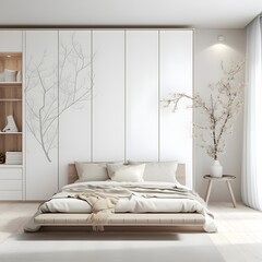 a bedroom with white, wooden furniture and a white wardrobe, in the style of light gold and gold