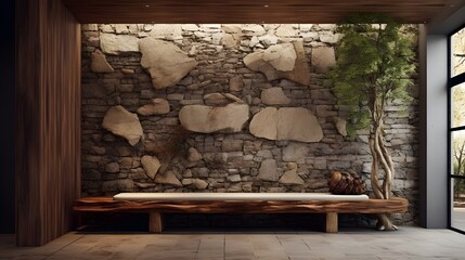 a room with natural furniture and stone walls, in the style of vray tracing, organic and naturalistic compositions, carved wood blocks, outdoor art, wood
